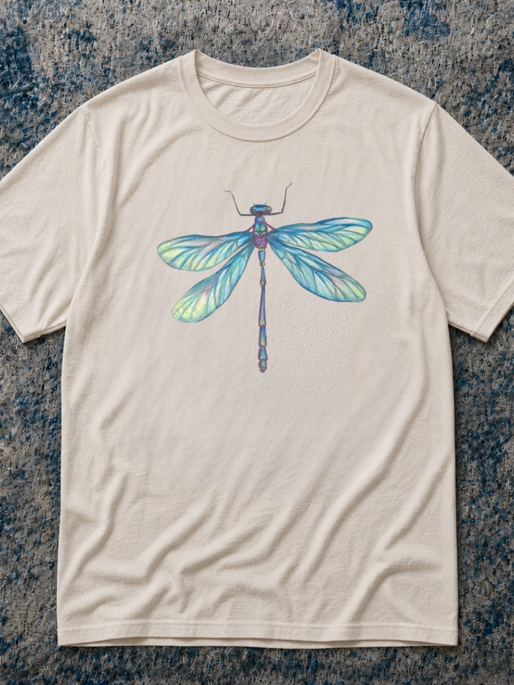 Off White Tee with Blue-Green Dragonfly Graphic | Unisex Tee Shirt